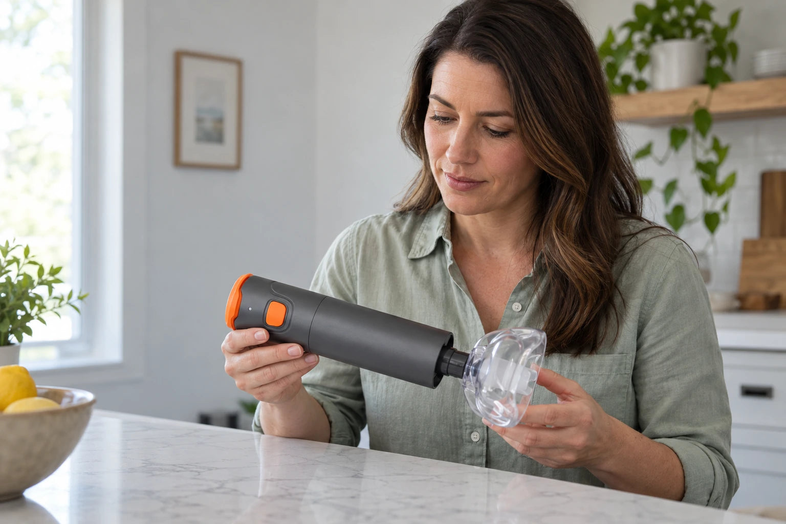 An adult holding the full Steadva suction device at home