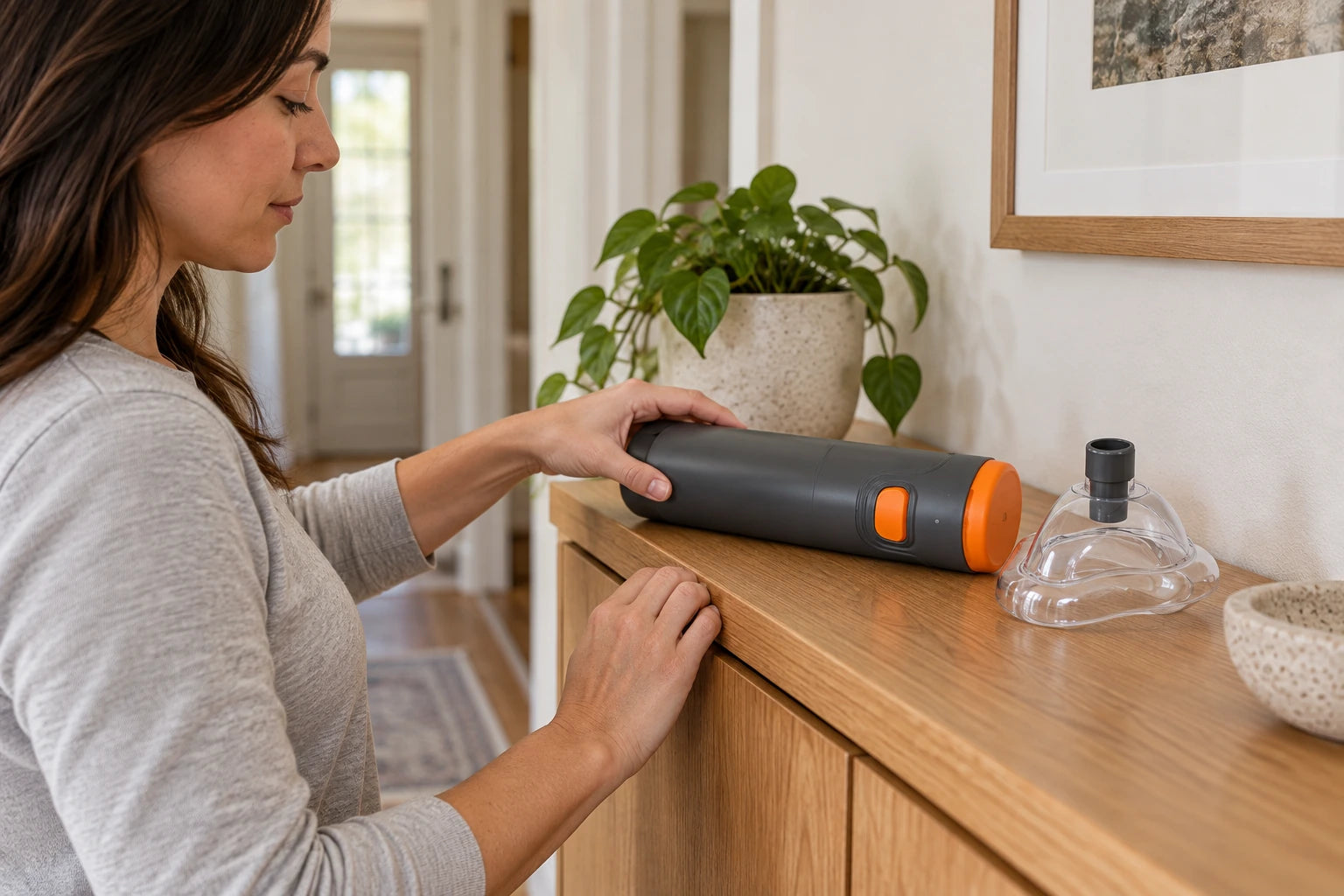 An adult choosing a household storage spot for Steadva