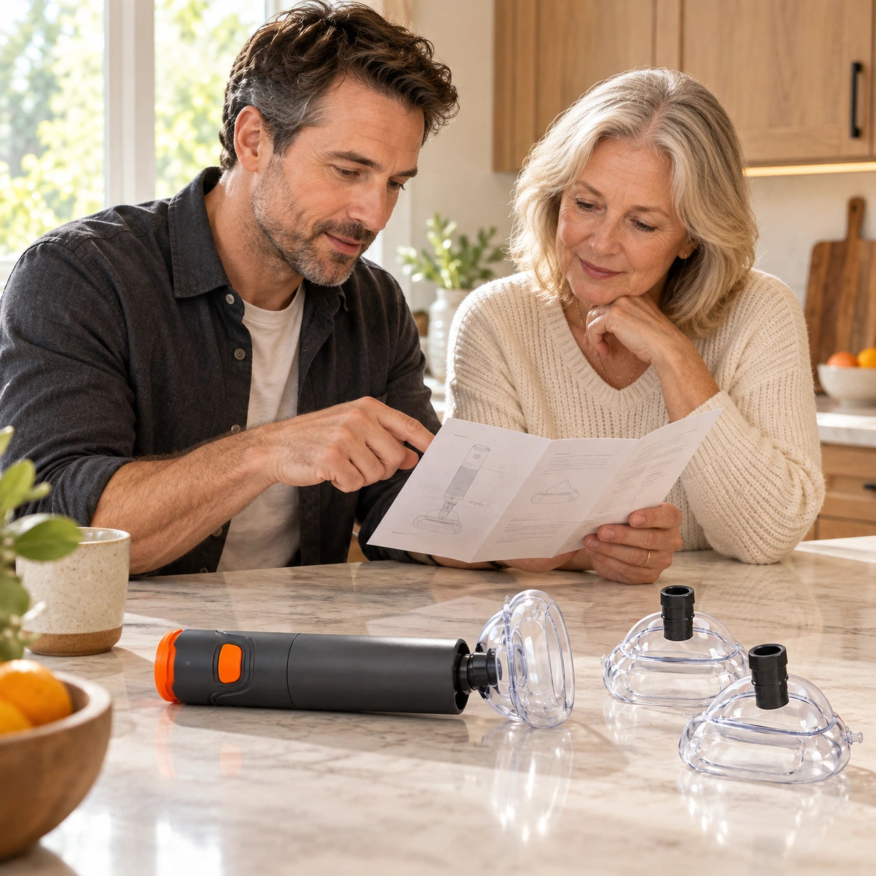 A father and grandmother read the guide together with the kit on the counter.