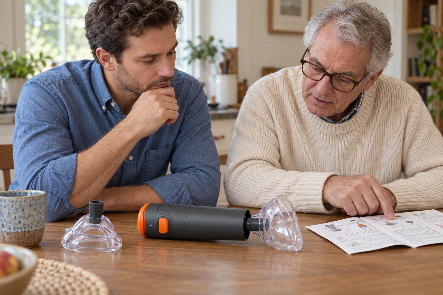 An adult and his father reading the device instructions together at a table