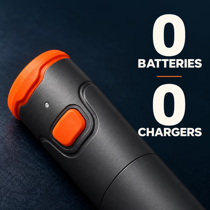 Dark navy product close-up with two large zero benefit blocks for batteries and chargers.