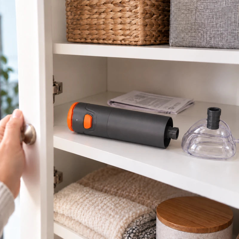 Clean household storage photograph showing Steadva and a detached mask on a shelf, with no text overlay.