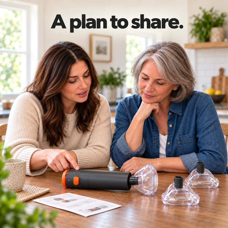 One complete family photograph of two adult women getting to know Steadva together at a table.