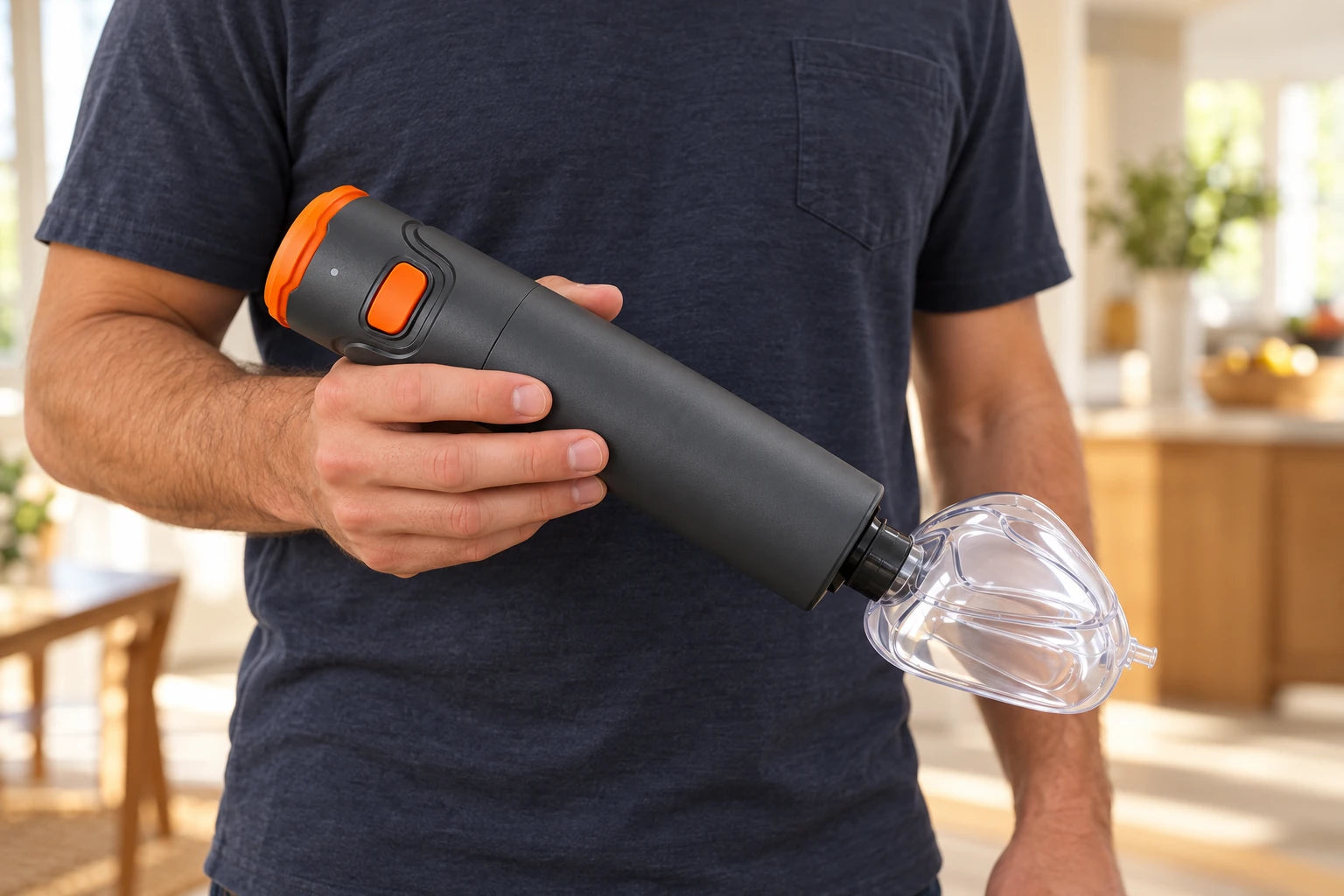 An adult holding the full Steadva device with its orange trigger visible