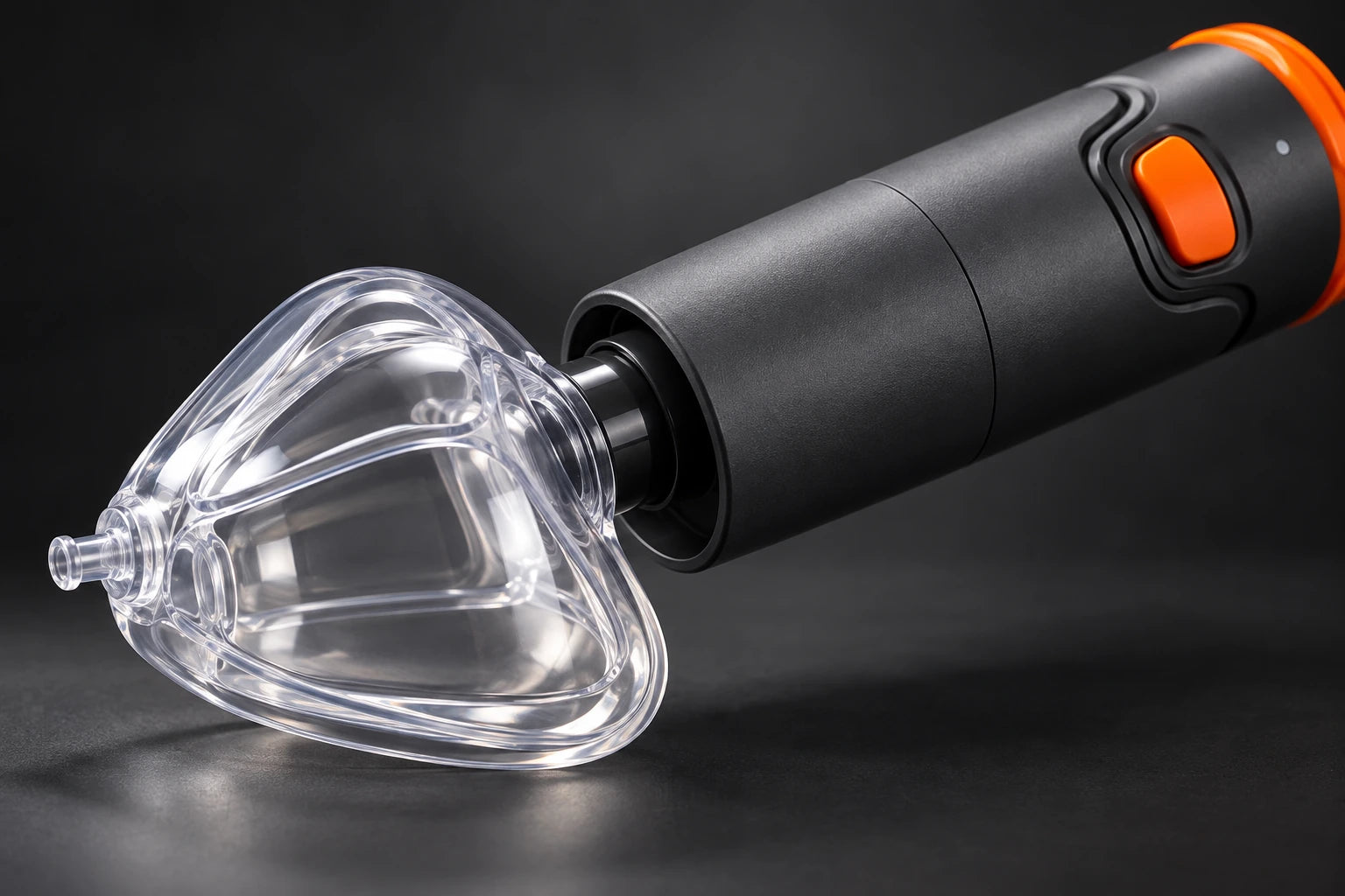 Close-up of the clear external mask joined directly to the charcoal suction body