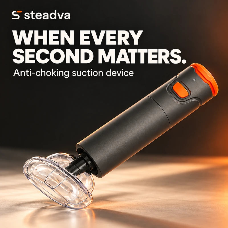 A large charcoal and orange suction device with a clear mask beneath When every second matters. Anti-choking suction device.