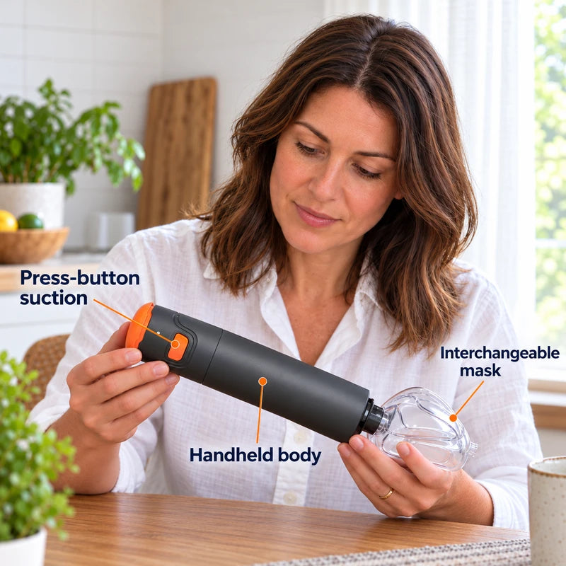 A woman holds Steadva with callouts identifying press-button suction, the handheld body and interchangeable mask.