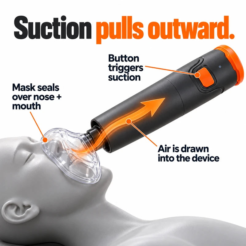 An illustrated training mannequin with a mask and orange airflow arrow shows suction drawing air into the device.