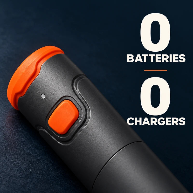 A close-up of the orange cap and trigger beside the words 0 batteries and 0 chargers.