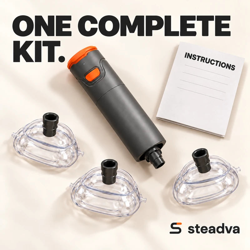 One device, three masks and a booklet labeled Instructions laid out beneath One complete kit.