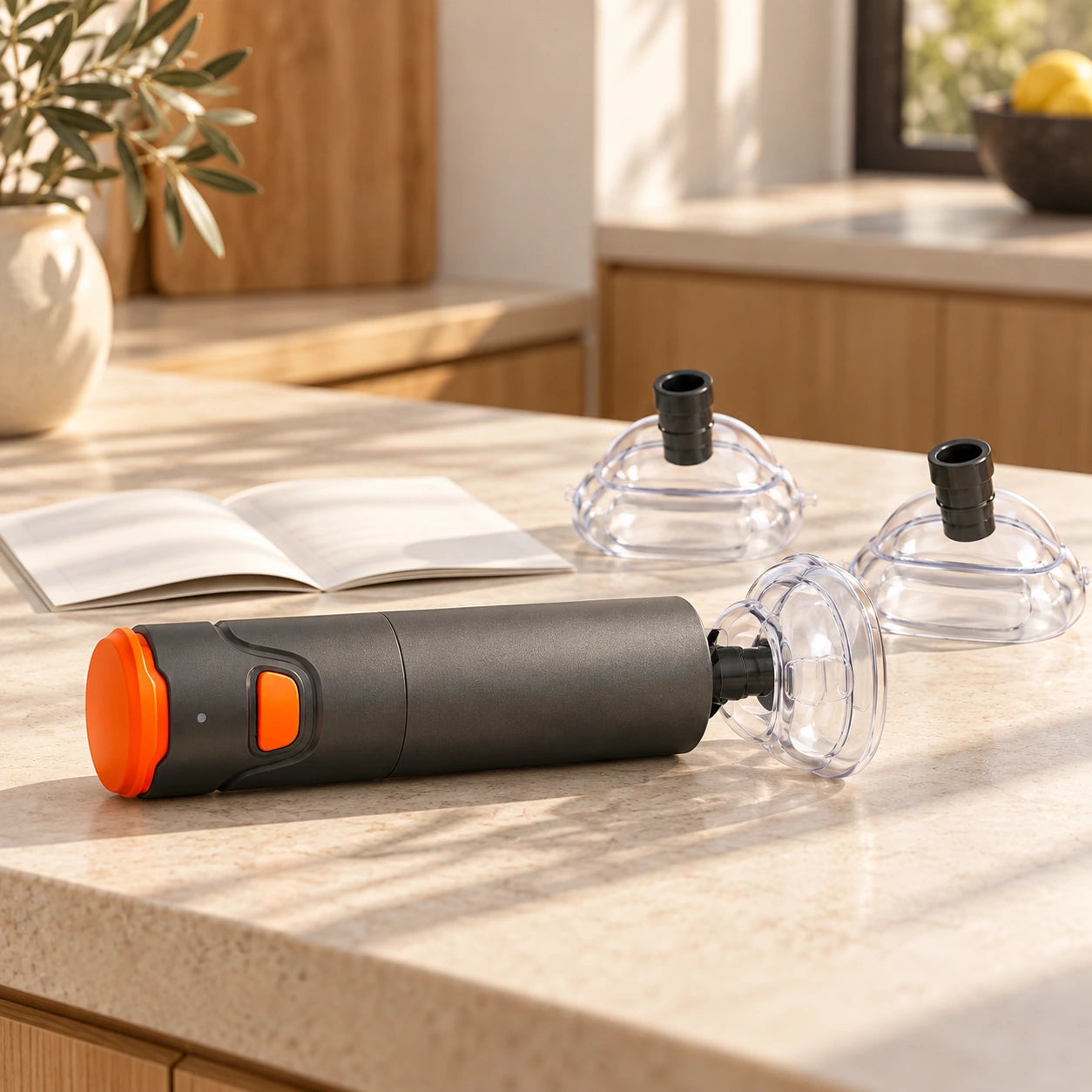 The device and its interchangeable masks together on a pale kitchen counter.